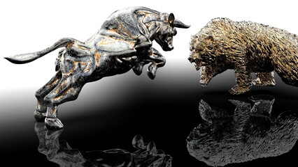 Fototapeta premium Metallic Silver bull and bear sculpture staring at each other in dramatic contrasting light representing financial market trends under black-white background. Concept images of stock market. 3D CG.