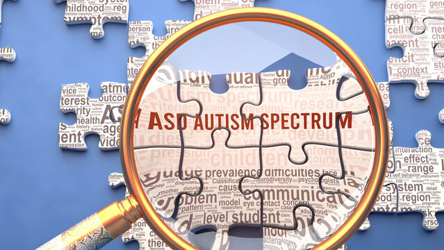 Asd autism spectrum as a complex topic under close inspection. Complexity shown as puzzle pieces with dozens of ideas and concepts correlated to Asd autism spectrum,3d illustration