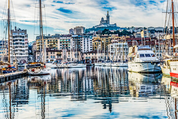 Yachts Boats Waterfront Reflection Church Marseille France