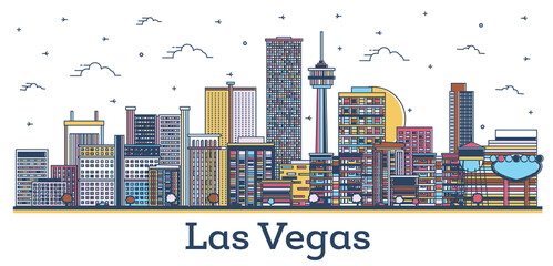 Outline Las Vegas Nevada City Skyline with Modern Colored Buildings Isolated on White.