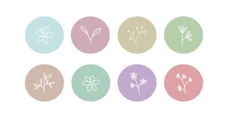 A set of icons for the design of social networks, stories. Round icons. Icons with white plants