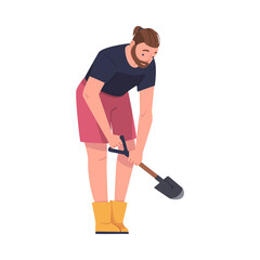 Man Character with Shovel or Spade Engaged in Soil Digging for Planting Tree Sapling Vector Illustration