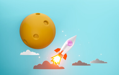 rocket flying into space and the moon background. 3d render.