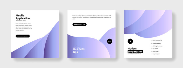 Purple trendy editable social media templates with place for photo, abstract wave, gradient, business graphic layout for instagram and facebook, red and green accent