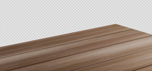 Dining wooden table top, corner perspective realistic vector illustration. Kitchen countertop from wood, angle view isolated on transparent background - obrazy, fototapety, plakaty