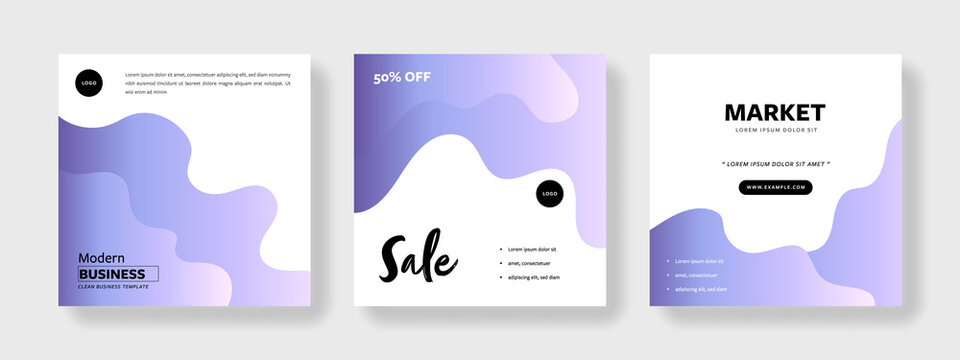 Minimalist social media with purple gradiebt accent, layered wave, black elements, instagram and facebook templates, business graphic layouts for company promotion