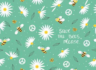 Daisy and bee seamless pattern. Flowers and cartoon bees, hearts on a green background. Vector. 