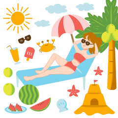 Set of cute summer icons. sun, watermelon, cloud, Starfish, crab, coconut tree, coconut ball, scallop, juice, sand castle, woman relaxing, beach, sea