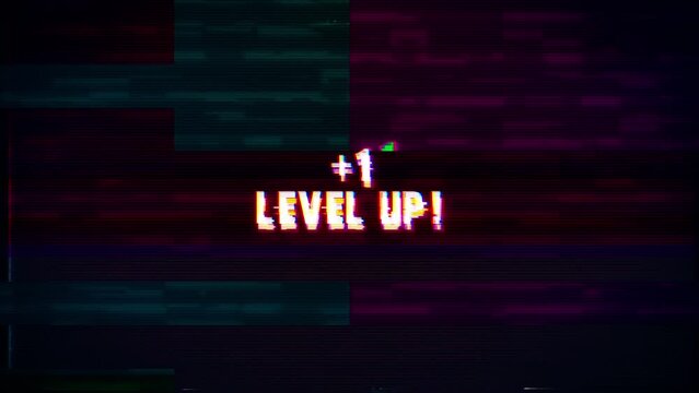 Glitch pixel video game screen animation with pixel text Level Up Plus one. VHS vignetted capture effect, Tv screen noise glitch, and transition effect for video editing