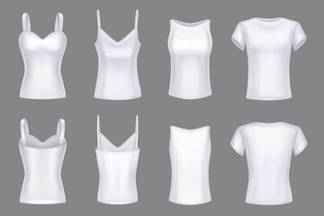 Women t-shirt white mockup front rear view. Blank template female clothes, 3D set realistic vector isolated illustration, short sleeve and strap top, bustier with cups - obrazy, fototapety, plakaty