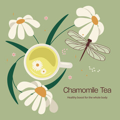Mug of herbal tea among the chamomile flowers.