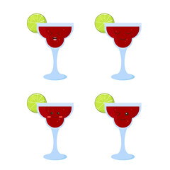 Set of margarita cocktails with kawaii eyes and  slice of lime isolated on white background. Tropical drinks. Flat vector  illustration 