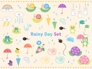 梅雨　夏　手描き　手書き　雨　かたつむり　あじさい　虹　傘　蛙　てるてる坊主　雲　イラスト　セット