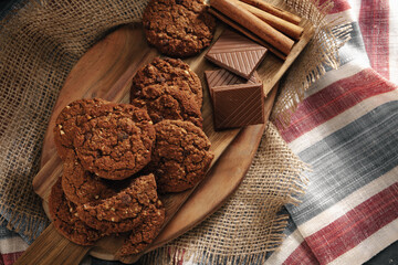 Bunch of oat cookies on table cloth