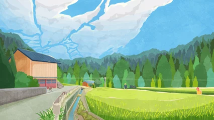 Deurstickers 水田のある夏の日本の原風景手書き水彩風イラスト © Ko hamari