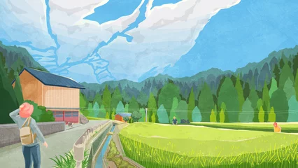 Zelfklevend Fotobehang 水田のある夏の日本の原風景手書き水彩風イラスト © Ko hamari
