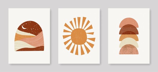 Mid Century Modern Abstract Wall Art Set of 3 Prints with Geometric Shapes, Abstract Sun, Mountain Landscape. Abstract Boho Wall Art Print. Bohemian Wall Decor. Vector EPS 10
