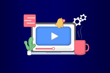Online video training concept. Distance business training, streaming, webinar, online conference, online learning, watching video tutorial, lessons, lectures in internet. 3D web vector illustration.