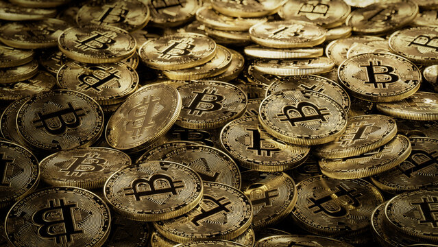 Bitcoin Cryptocurrency represented as Gold Coins. Blockchain Banking Background. 3D Render.