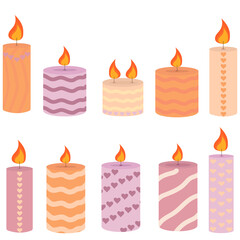 Burning cute wax and paraffin scented candles. Candles decor for home and comfort, holiday