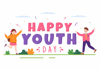 Happy International Youth Day Cute Cartoon Illustration with Young Boys and Girls For Campaign in Flat Style Background