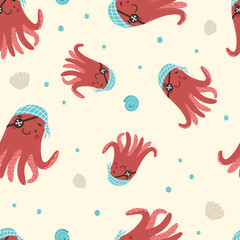 Cute shark and octopus pirate vector seamless pattern. Sea shells and bubbles. Graphic print for baby items