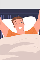 Man Character Waking Up Feeling Happy Stretching Out in Bed Ready to Get Up in the Morning Vector Illustration