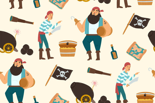 Seamless pattern with a pirates, treasure chest, barrel of rum and skull and crossbones flag. Flat vector illustration.
