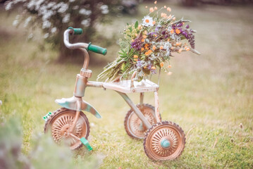 retro bicycle with a bouquet of wild flowers. summer still life