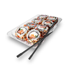 Sushi rolls set in plastic box with black chopsticks isolated on white background