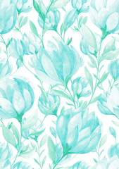 Fototapeta na wymiar Softness floral seamless pattern. Watercolor painting teal flowers with green leaves on white background. Template for design, textile, wallpaper, bedding, ceramics.
