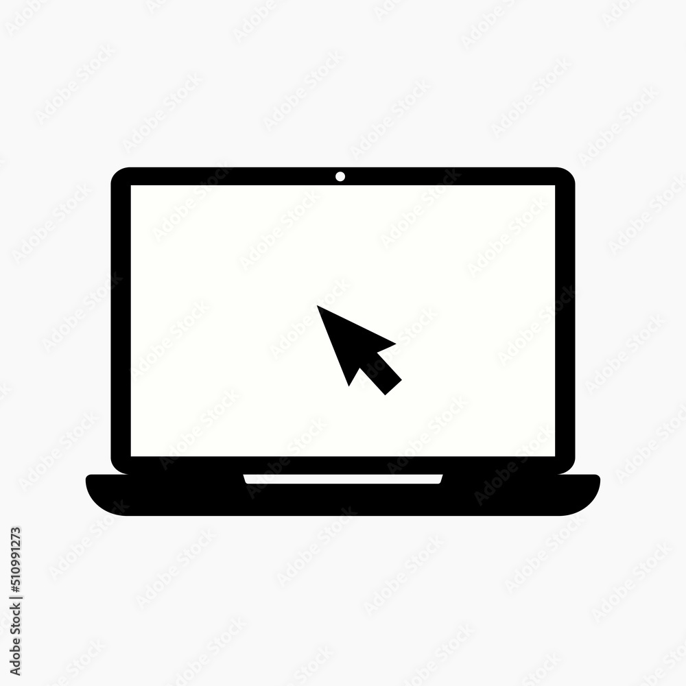 Aufkleber laptop with pointer or cursor icon. simple solid style for web template and app. online, pc, registr