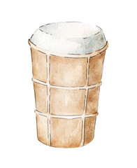 Creamy watercolor ice cream in a waffle cup on a white background. Hand drawn watercolor.