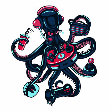 Octopus video gamer with gamepad. in tentacles. Cyber sport game poster.Vector cartoon illustration. Avatar and mascot print