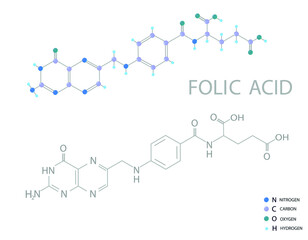 Folic acid molecular skeletal 3D chemical formula.	