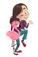 Children's illustration of a little girl with a flamingo