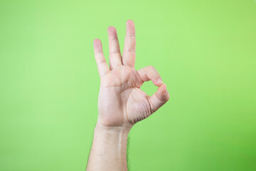 A man making hand signals on green background.