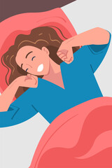 Woman Character Waking Up Feeling Happy Stretching Out in Bed Ready to Get Up in the Morning Vector Illustration