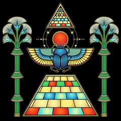 Animation color drawing: Divine scarab beetle sits atop  pyramid holds disk of sun. Ornamental trees. Vector illustration isolated on a black background. Print, poster, T-shirt