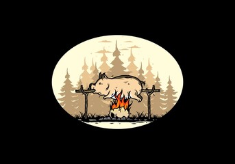 Pork roast on fire illustration design