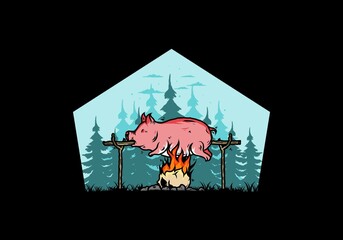 Pork roast on fire illustration design