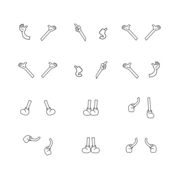 Vector illustrations of hands, arms, legs and feet for cartoon character designs.