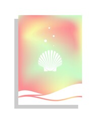 Cover design on a soft green-pink background with seashell. Summer poster. Modern blurred vector pattern. Fantasy soft background.