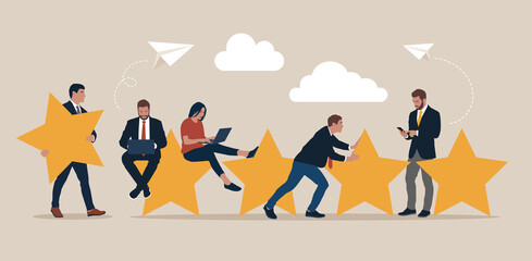 Obraz premium Rating on customer service illustration. Five big stars with people sitting on them and giving reviews on their lap tops and smartphone. Concept of feedback, testimonials messages and notifications.