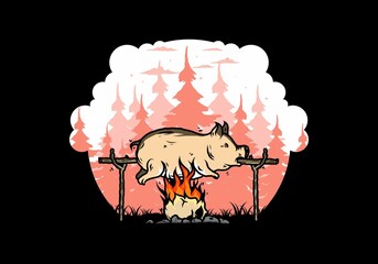 Pork roast on fire illustration design