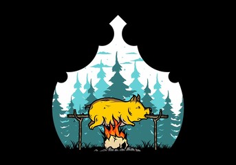 Pork roast on fire illustration design