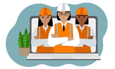 The concept of online consultation in construction. Laptop with a picture of a team of civil engineers.