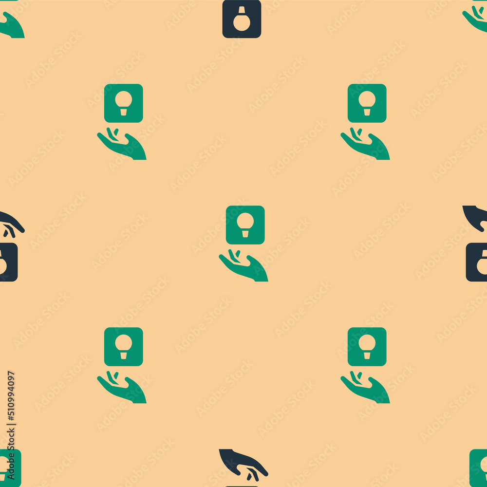 Poster green and black light bulb with concept of idea icon isolated seamless pattern on beige background. 
