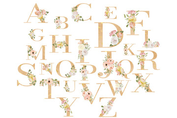Fototapeta na wymiar Floral alphabet, pink letters with flowers bouquet, floral monogram