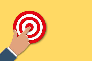 Business man pointing finger at red target on yellow background. Business target or goal success and winner concept. shadow overlay. copy space for the text. illustration of 3d paper cut design style.